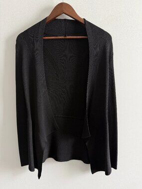 White House Black Market Open Front Cardigan Black Draped Rayon Blend M